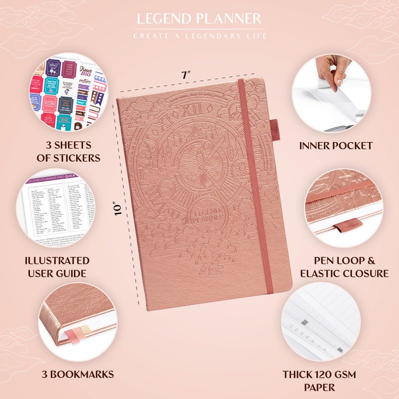 Legend Planner PRO â€“ Deluxe Weekly & Monthly Life Planner to Increase Productivity and Hit Your Goals. Time Management Organizer Notebook â€“ Undated â€“ 7 x 10" Hardcover + Stickers â€“ Rose Gold - Image 2